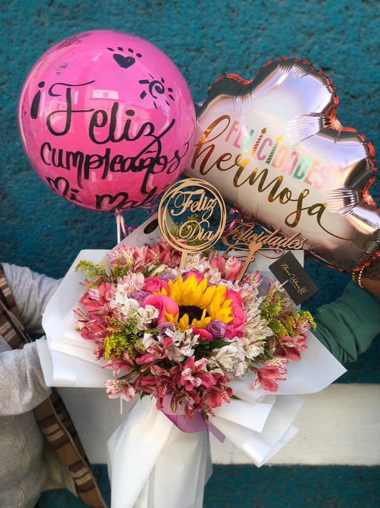 Rosas, girasoles y globos